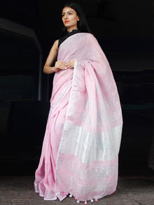 Pastel Pink Handwoven Linen Saree With Zari Border - S031703452