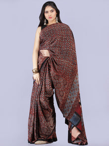 Maroon Black Beige Indigo Ajrakh Hand Block Printed Modal Silk Saree - S031704255