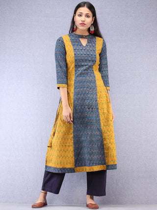 Indigo Mustard Ajrakh Hand Block Printed Cotton Kurta With Side Knots - K203F1536