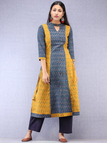 Indigo Mustard Ajrakh Hand Block Printed Cotton Kurta With Side Knots - K203F1536
