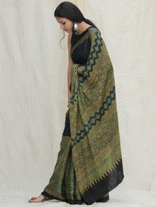 Bottle & Lime Green Black  Ajrakh Hand Block Printed Modal Silk Saree - S031704126