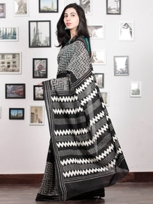 Black White Grey Hand Block Printed Cotton Mul Saree   - S031703028