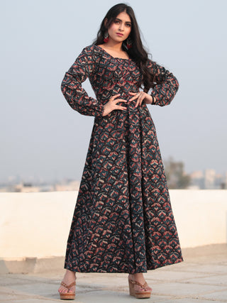 Black Indigo Maroon Hand Block Printed Deep Back Cotton Long Dress D461F2140