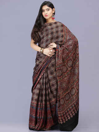 Black Maroon Indigo Ajrakh Hand Block Printed Modal Silk Saree - S031704187