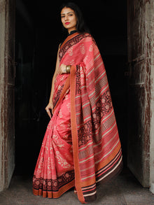 Pink Ivory Black Chanderi Silk Hand Block Printed Saree With Geecha Border - S031703992