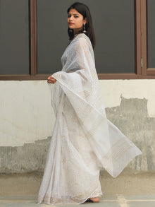White Gold Hand Block Printed Kota Doria Saree  - S031704085