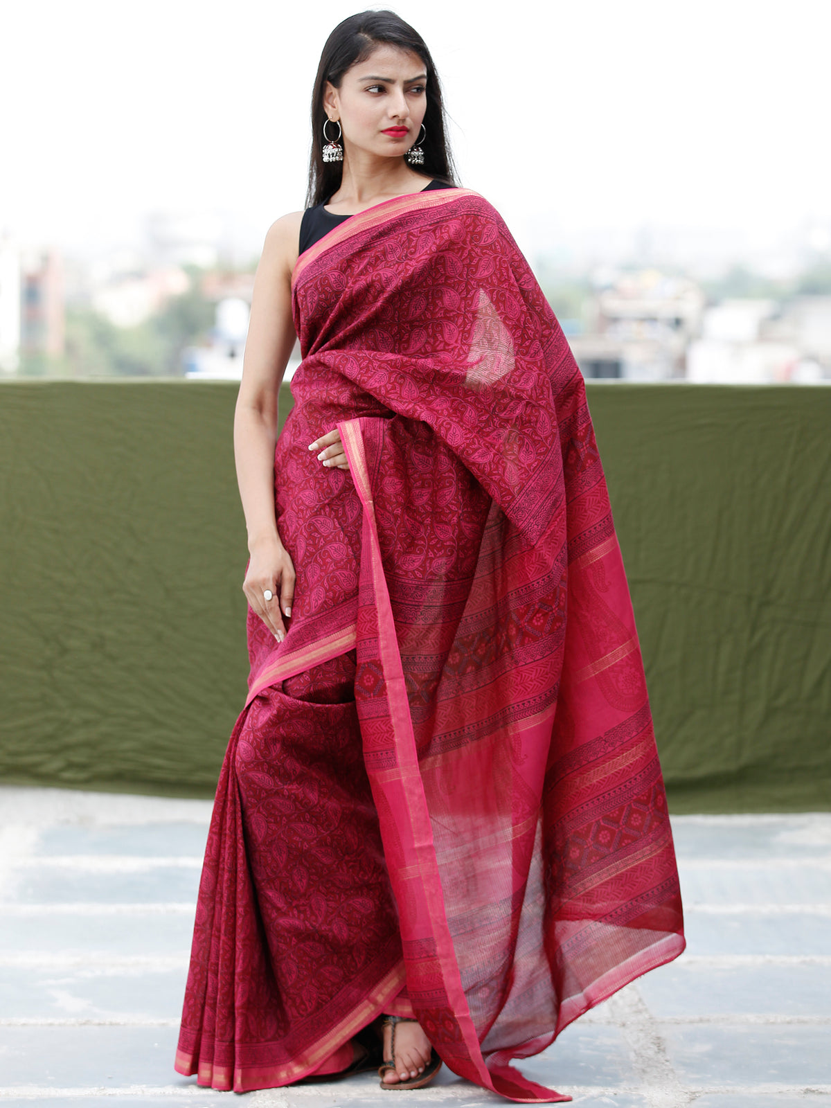 Deep-Pink Black Bagh Hand Block Printed Maheswari Silk Saree With Resham Border - S031703838