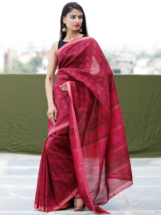 Deep-Pink Black Bagh Hand Block Printed Maheswari Silk Saree With Resham Border - S031703838