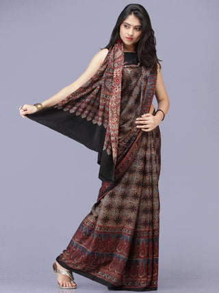 Black Maroon Indigo Ajrakh Hand Block Printed Modal Silk Saree - S031704187