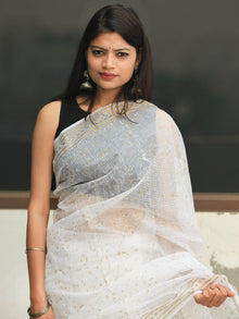 White Gold Hand Block Printed Kota Doria Saree  - S031704085