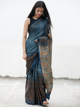 Indigo Black Maroon Beige Ajrakh Hand Block Printed Modal Silk Saree in Natural Colors - S031703705