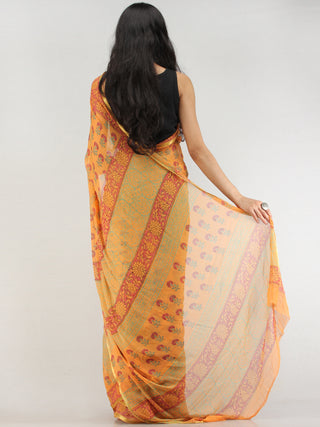 Yellow Green Hand Block Printed Chiffon Saree with Zari Border - S031704564