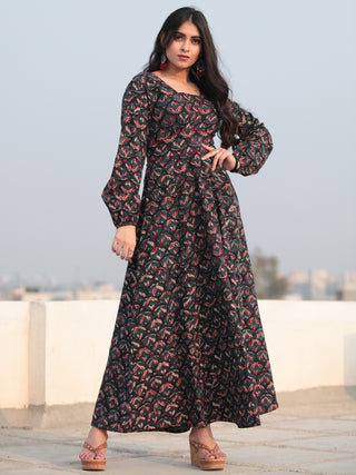 Black Indigo Maroon Hand Block Printed Deep Back Cotton Long Dress D461F2140