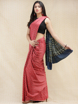 Coral Invory Indigo Bandhej Modal Silk Saree With Ajrakh Printed Pallu & Blouse - s031704142