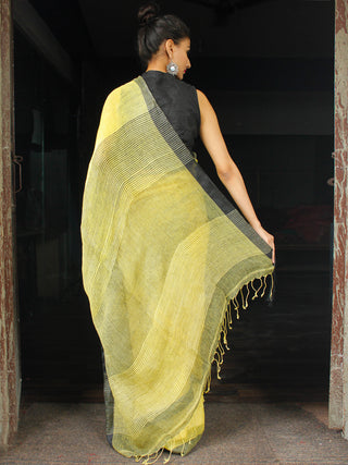 Lemon Yellow Handwoven Linen Saree With Sequence Work & Tassels - S031704033
