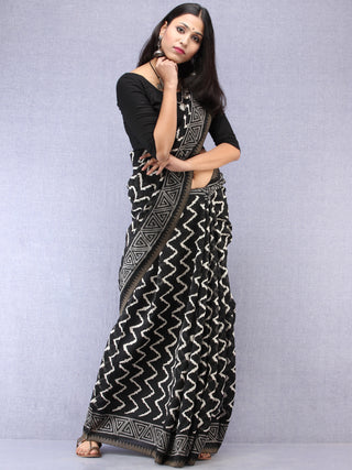 Black White Hand Block Printed Chanderi Saree With Geecha Border - S031704519
