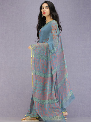 Steel Blue Red Green Hand Block Printed Chiffon Saree with Zari Border - S031704595