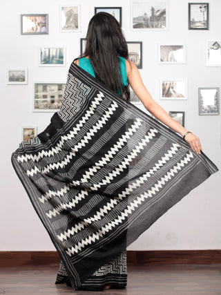 Black White Grey Hand Block Printed Cotton Mul Saree   - S031703028