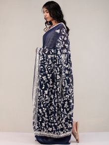 Blue Aari Embroidered Georgette Saree From Kashmir - S031704635