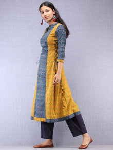 Indigo Mustard Ajrakh Hand Block Printed Cotton Kurta With Side Knots - K203F1536