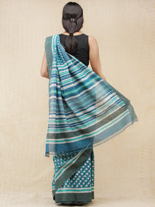 Teal Blue White Green Chanderi Silk Hand Block Printed Saree With Geecha Border - s031704162