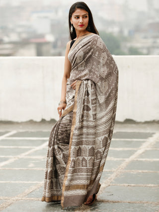Kashish Ivory Hand Block Printed Handwoven Linen Saree With Zari Border - S031704038