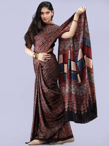 Maroon Black Beige Indigo Ajrakh Hand Block Printed Modal Silk Saree - S031704255