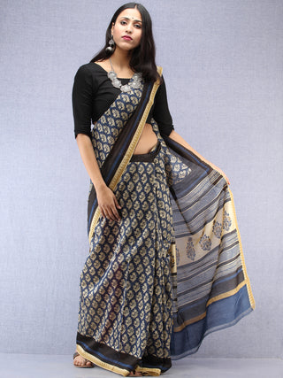 Indigo Ivory Hand Block Printed Chanderi Saree With Geecha Border - S031704491