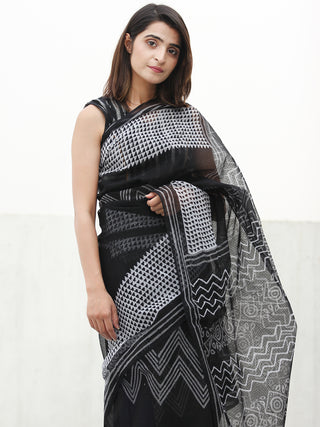 Black & White Hand Block Printed Kota Doria Saree  - S031704079