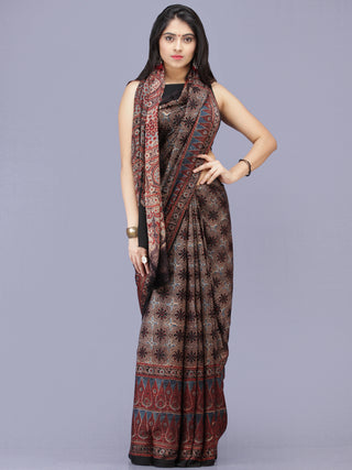 Black Maroon Indigo Ajrakh Hand Block Printed Modal Silk Saree - S031704187