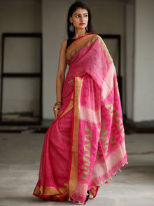 Pink Green Handwoven Linen Jamdani Saree With Zari Border & Tassels - S031703784