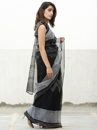 Black & White Hand Block Printed Kota Doria Saree  - S031704079