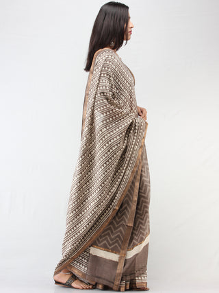 Kashish Ivory Maheshwari Silk Hand Block Printed Saree With zari Border - S031704466