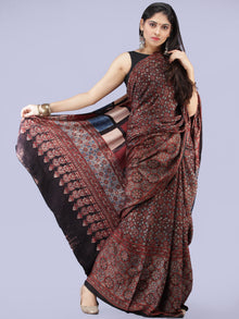 Maroon Black Beige Indigo Ajrakh Hand Block Printed Modal Silk Saree - S031704255
