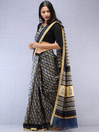 Indigo Ivory Hand Block Printed Chanderi Saree With Geecha Border - S031704491