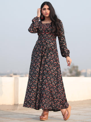 Black Indigo Maroon Hand Block Printed Deep Back Cotton Long Dress D461F2140