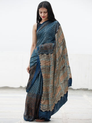Indigo Black Maroon Beige Ajrakh Hand Block Printed Modal Silk Saree in Natural Colors - S031703705