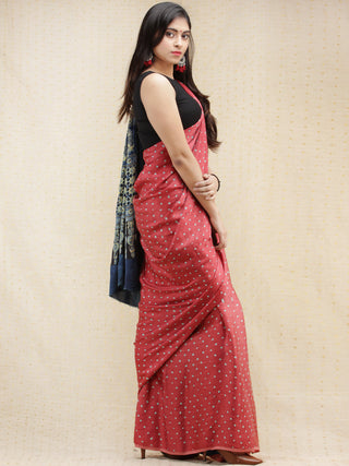Coral Invory Indigo Bandhej Modal Silk Saree With Ajrakh Printed Pallu & Blouse - s031704142