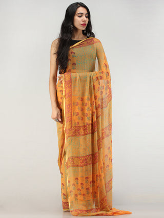 Yellow Green Hand Block Printed Chiffon Saree with Zari Border - S031704564
