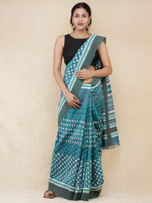 Teal Blue White Green Chanderi Silk Hand Block Printed Saree With Geecha Border - s031704162