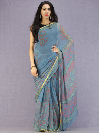 Steel Blue Red Green Hand Block Printed Chiffon Saree with Zari Border - S031704595