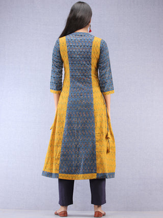 Indigo Mustard Ajrakh Hand Block Printed Cotton Kurta With Side Knots - K203F1536