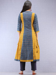 Indigo Mustard Ajrakh Hand Block Printed Cotton Kurta With Side Knots - K203F1536