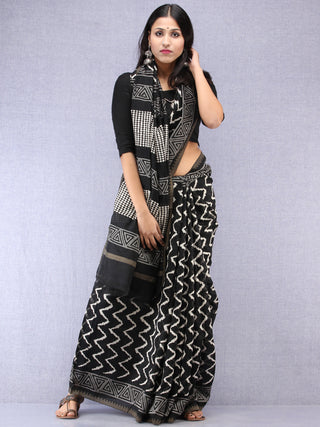 Black White Hand Block Printed Chanderi Saree With Geecha Border - S031704519