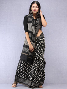 Black White Hand Block Printed Chanderi Saree With Geecha Border - S031704519