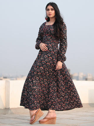 Black Indigo Maroon Hand Block Printed Deep Back Cotton Long Dress D461F2140