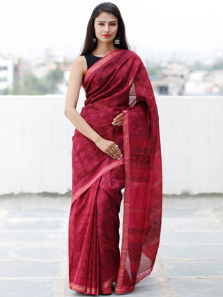 Deep-Pink Black Bagh Hand Block Printed Maheswari Silk Saree With Resham Border - S031703838