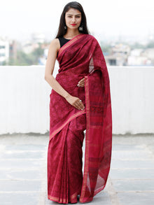 Deep-Pink Black Bagh Hand Block Printed Maheswari Silk Saree With Resham Border - S031703838