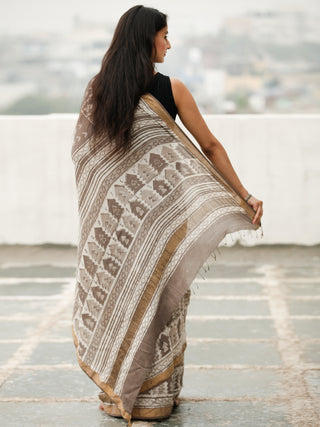 Kashish Ivory Hand Block Printed Handwoven Linen Saree With Zari Border - S031704038