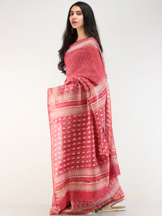 Pastel Pink Ivory Hand Block Printed Chanderi Silk Saree With Zari Border - s031704550